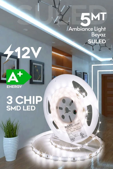 SULED Şerit Led 5 Metre Beyaz Işık 3 Çipli Pro Ambiyans Aydınlatma Mutfak Salon Yatak Odası Led Işık ürün görseli 1