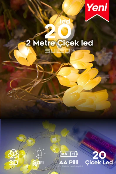 SULED Pilli 20 LED Sarı Çiçek Dekoratif Işık 2 Metre Gün Işığı İç Mekan Süsleme Led Aydınlatma Ortam Işığı ürün görseli 1