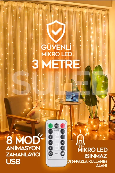 SULED Perde Led 3x3 Metre Kumandalı 8 Mod Ambiyans Ayarlabilir Boy Dekor Mikro Led Işık Perde ürün görseli 1