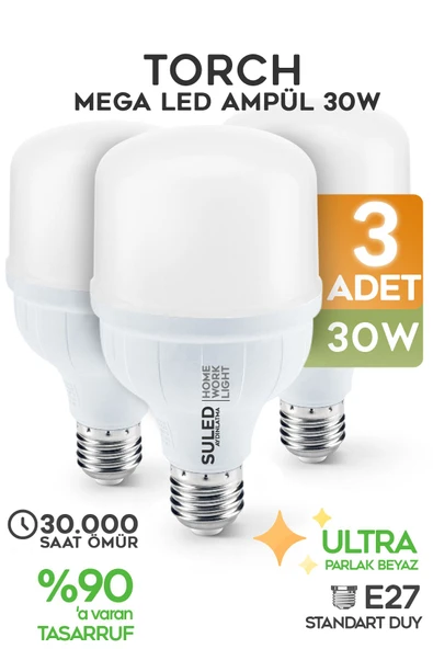 SULED 30w Torch Büyük Ampül 3 Adet Mega Led Işık Tasarruflu Ultra Parlak 6500k Beyaz Işık Büyük Ampül E27 ürün görseli 1