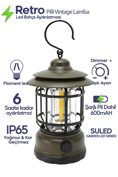 SULED Retro Kamp Lambası Haki Şarjlı & Pilli Fanus Fener Dimmer Özellikli Suya Dayanıklı ürün görseli 1