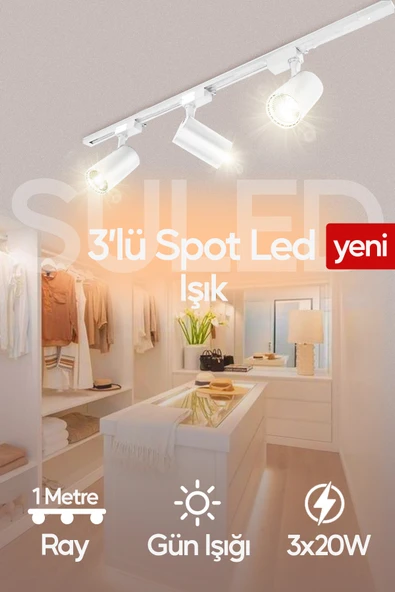 SULED Spot Işık 3'lü Set Led Gün Işığı Beyaz Kasa 20w 1 Metre Raylı 3 Adet Ray Spot Lamba Armatür ürün görseli 1