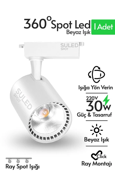 SULED Ray Spot Işık Beyaz Kasa - Beyaz Işık 360/90 Dönebilen 30W Ray Spotu Led Işık Pro 220V ürün görseli 1