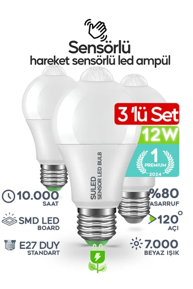 SULED Hareket Sensörlü Led Lamba 3 Adet Ampül Beyaz Işık 12w %80 Tasarruflu Otomatik Yanıp Söner ürün görseli 1