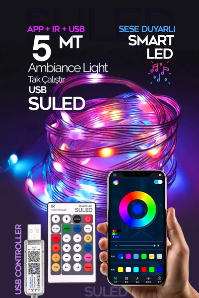SULED Smart Şerit Led Yeni Nesil 5 Metre Bluetooth TV Sese Duyarlı USB Enerjili Telefon Kontrollü Efektli ürün görseli 1