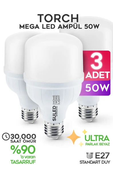 SULED 50w Torch Büyük Ampül 3 Adet Ultra Güçlü Led Işık Tasarruflu 6500k Beyaz Işık Büyük Ampül E27 ürün görseli 1
