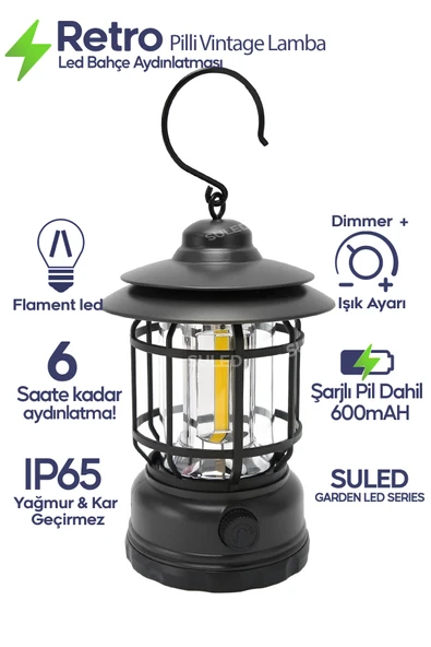 SULED Retro Kamp Lambası Şarjlı & Pilli Fanus Fener Dimmer Özellikli Suya Dayanıklı ürün görseli 1