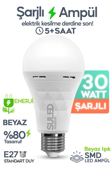 SULED Şarjlı Ampül 30w Ultra Acil Durum & Kamp Işığı 220v Beyaz E27 Duy Otomatik %80 Tasarruflu ürün görseli 1