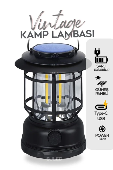 SULED Fanus Fener Vintage Kamp El Feneri USB Type-C Güneş Şarjlı 10W Güçlü Led Işık Power Bank Özellikli ürün görseli 1