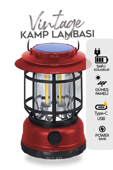 SULED Fanus Fener Vintage Kamp El Feneri USB Type-C Güneş Şarjlı 10W Güçlü Led Işık Power Bank Özellikli ürün görseli 1
