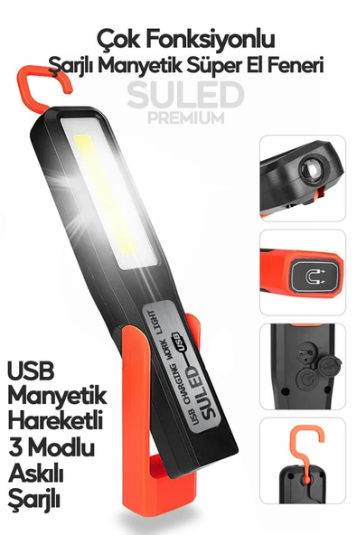 SULED Manyetik Tamirci El Feneri 3 Modlu Şarjlı COB Xpe Led Acil Durum Kamp Tamir İkaz Lambası Askılı ürün görseli 1