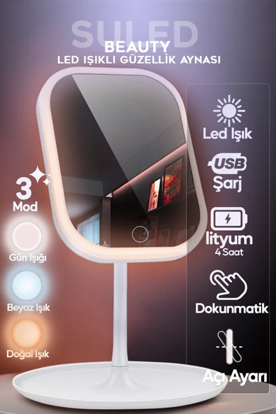 SULED Led Işıklı Makyaj Aynası 3 Modlu Usb Şarjlı Beyaz Dikdörtgen Taşınabilir Açı Ayarlı Güzellik Ayna ürün görseli 1