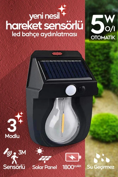 SULED Hareket Sensörlü Bahçe Aydınlatması 5W Lityum Pilli Led Işık Solar Şarjlı Otomatik Dış Mekan Lamba ürün görseli 1
