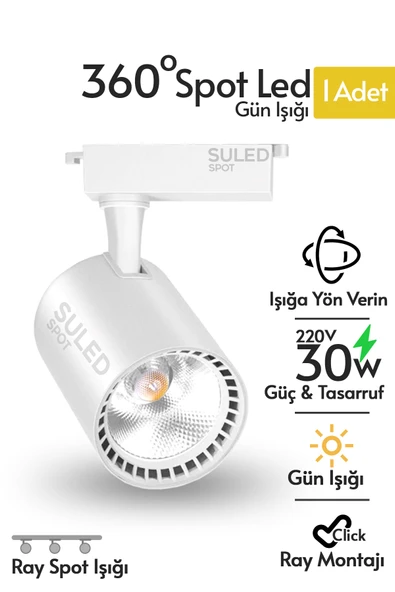 SULED Ray Spot Işık Beyaz Kasa - Gün Işığı 360/90 Dönebilen 30W Ray Spotu Led Işık Pro 220V ürün görseli 1