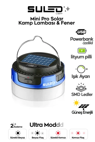 SULED Mini Pro Kamp Lambası ve Fener USB Power Bank Özellikli Solar Panel 4 Mod Flaşlı ürün görseli 1