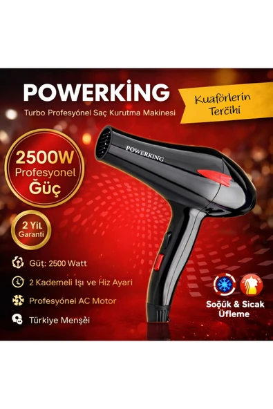 POWERKİNG 2500W profesyonel turbo saç kurutma fön makinesi ürün görseli 1