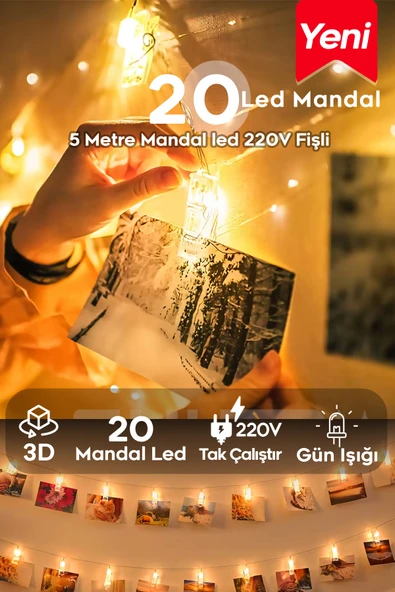 SULED 5 Metre 20 Led Mandal Işık 220V Fişli Dekoratif Oda Fotoğraf Not Süsleme Işığı ürün görseli 1