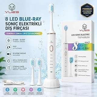 Yues 8 Led Işıklı Sonic Elektrikli Beyazlatıcı Fırçası, Şarjlı Fırçası, 5 Temizlik Modlu, Ipx7 Su Geçirmez, 27.000-36.000 Titreşim/Dakika, 50 Gün Kullanım, 2 Yedek Başlık, Şarj Standı ürün görseli 1