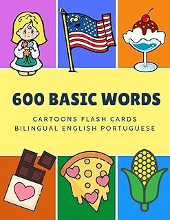 600 Words Cartoons Flash Cards Bilingual English Portuguese: Easy Learning Baby First Book With Card Games Like Abc Alphabet Numbers Animals To ... For Toddlers Kids To Beginners Adults. ürün görseli 1