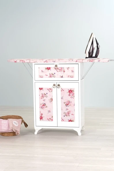 Rose Katlanır Dolaplı Ütü Masası / Ütü Dolabı Gövde Pembe Çiçek Desenli ürün görseli 1