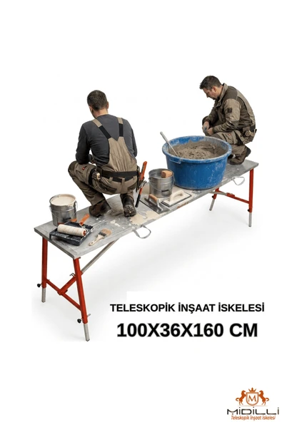 Alüminyum Gövdeli Çelik Ayaklı Teleskopik İnşaat İskelesi Kırmızı - 400 Kg Taşıma Kapasitesi 100x36x160cm ürün görseli 1
