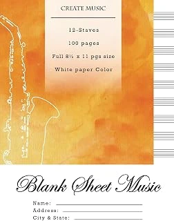 Blank Sheet Music: Music Manuscript Paper, Staff Paper, Musicians Notebook 12 Staves,100 Pages - Orange Shade Watercolor Rythm Of Music (My Blank Music Notebook) ürün görseli 1
