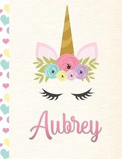 Aubrey: Personalized Unicorn Primary Handwriting Notebook For Girls With Pink Name | Dotted Midline Handwriting Practice Paper | Kindergarten To Early ... | Grades K-2 Composition School Exercise Boo ürün görseli 1