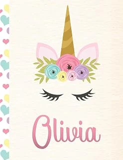 Olivia: Personalized Unicorn Primary Handwriting Notebook For Girls With Pink Name | Dotted Midline Handwriting Practice Paper | Kindergarten To Early ... | Grades K-2 Composition School Exercise Boo ürün görseli 1
