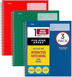 Five İnteraktif Not Alma Spiral Defter 3'Lü Paket, 1 Konu, Geniş Çizgili, 28X22Cm, 100 Yaprak, Orman Yeşili, Ateş Kırmızısı, Pasifik Mavisi ürün görseli 1