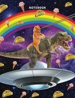 Notebook: Space Cat Notebook With 120 Pages Of Lined Paper For Writing (Funny Composition Book Journal Diary) (8.5 X 11 Large) - Rainbow Eye Cat Riding A T-Rex With Tacos ürün görseli 1