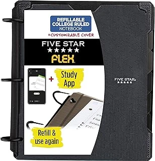 Five Flex Doldurulabilir Not Defteri + Çalışma Uygulaması, Kolej Çizgili Kağıt, 2,5 Cm Techlock Halkalar, Çantalar, Tabletler Ayırıcılar, 200 Yaprak Kapasite, Ayarlanabilir Kapak, Siyah ürün görseli 1