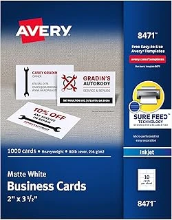 Avery 2 "X 3.5" Kartvizitler, Emin Besleme Teknolojisi, Mürekkep Püskürtmeli Yazıcılar Için, 1.000 Kart (8471) ürün görseli 1