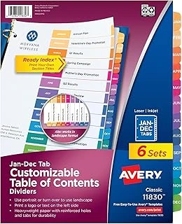 Avery 3 Halkalı Kitap Için Aylık Ayraç, Ayarlanabilir Içindekiler, Çok Renkli, 6 Set (11830) ürün görseli 1