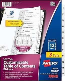 Avery 3 Halkalı Bağlayıcılar Için 12 Sekme Bölücü, Özelleştirilebilir İçindekiler Tablosu, Klasik Beyaz Sekmeler, 3 Set (11078) ürün görseli 1