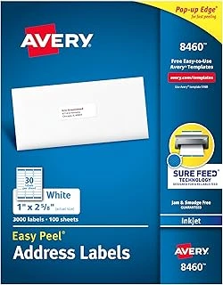 Avery Emin Beslemeli Kolay Soyulabilir Yazdırılabilir Adres Etiketleri, 1" X 2-5/8", Beyaz, 3.000 Boş Posta Etiketi (08460) ürün görseli 1