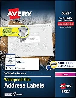 Avery Ultrahold Kalıcı Yapışkanlı Su Geçirmez Etiketler, 1-1/3" X 4", Yazıcılar Için 700 Etiket (5522) ürün görseli 1