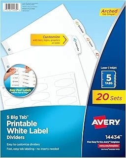 Avery Big Tab Yazdırılabilir Beyaz Etiket Ayırıcılar, Kolay Soyulur, 5 Sekme, 20 Set (14434) ürün görseli 1