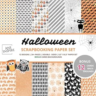 Halloween Scrapbook Pages: 24+ Double-Sided Sheets For Scrapbooking 8,5 X 8,5 | 12 Bonus Card Backgrounds | Owls | Bats | Cats | Cobwebs | Ghosts | Skulls | Patterns | Orange Gray And Black ürün görseli 1