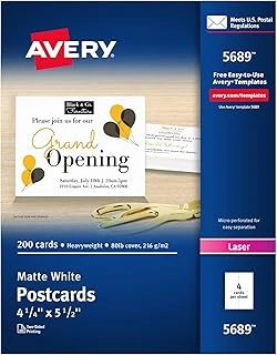 Avery Yazıcılar Için Yazdırılabilir Kartpostallar, 10,8 Cm X 14 Cm, 200 Boş Kart - Tarif Kartları Bilgi Kartları Için Harika (5689) ürün görseli 1