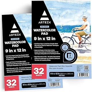 Arteza Suluboya Kağıt Pedi, 9X12 Inç, 2'Li Paket (Her Biri 32 Yaprak), Soğuk Preslenmiş Suluboya Eskiz Defteri, 150 Lb/300Gsm Asitsiz Suluboya Kağıdı, Suluboya Karışık Teknik Çizim Için Sanat ürün görseli 1
