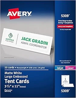 Avery Baskılı Büyük Çadır Kartları, Mürekkep Püskürtmeli Yazıcılar, 50 Kart, 3,5 X 11 (5309), Beyaz ürün görseli 1