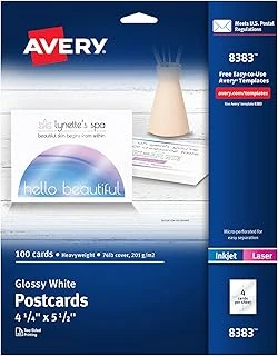 Avery Yazdırılabilir Kartpostallar, 10,8 Cm X 14 Cm, Parlak Beyaz, Mürekkep Püskürtmeli Yazıcılar Için 100 Boş Kartpostal (08383) ürün görseli 1