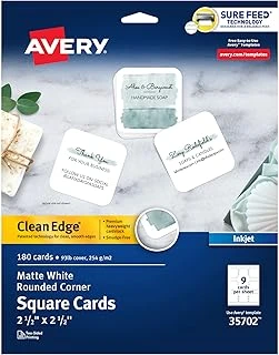 Avery Clean Edge 35702 Sure Feed Teknolojisine Sahip Yazdırılabilir Kare Kartlar, Yuvarlatılmış Köşeler, 6,35 Cm X 6,35 Cm, Beyaz, Mürekkep Püskürtmeli Yazıcılar Için 180 Boş Kart ürün görseli 1