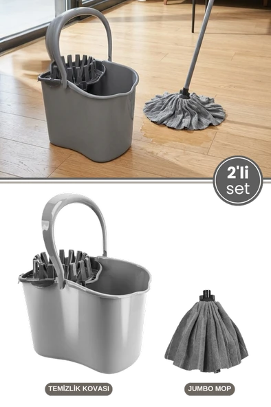 Flora 2’li Temizlik Seti Gri, Sıkmalı Temizlik Yer Silme Kovası + Süper Emici Mikrofiber Jombo Mop ürün görseli 1