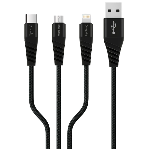 Polosmart PBS412 Type-C / Micro USB / Lightning 3 in 1 Şarj Kablosu 1.2 Metre Siyah ürün görseli 1