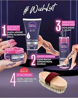 Sesu 3'Lü Set, El Vücut Peeling, Simli Kuru Bakım Yağı, Vücut Losyonu, At Kılı Fırça ürün görseli 1
