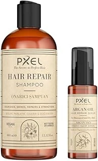 Pxel Onarıcı Şampuan Argan Yağı Saç Serumu Seti | Yıpranmış, Kuru Mat Saçlar İçin Derin Onarıcı Bakım | Parlaklık Yumuşaklık Veren Bitkisel, Vegan Formül | 400Ml + 75Ml ürün görseli 1