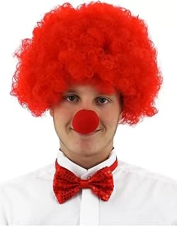 Kırmızı Renk Kıvırcık Afro Bonus Peruk Takma Saç Kırmızı Burun Seti ürün görseli 1