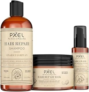 Pxel Onarıcı Saç Bakım Seti – Şampuan, Maske Argan | Kuru, Mat Yıpranmış Saçlar İçin | 400Ml + 300Ml + 75Ml ürün görseli 1