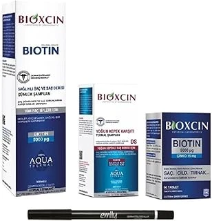 Bioxcin Biotin Günlük Şampuan 300Ml + Kepek Karşıtı Termal Şampuan 200Ml + Biotin 60 Tablet + Emily Kalem Set ürün görseli 1